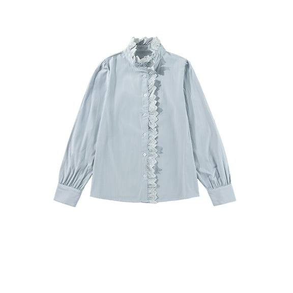 Women's Sky Blue Stripe Frilled Trim Button Up Long Sleeve Shirt | [ZhiHiMeRi] | (US 12-14)L