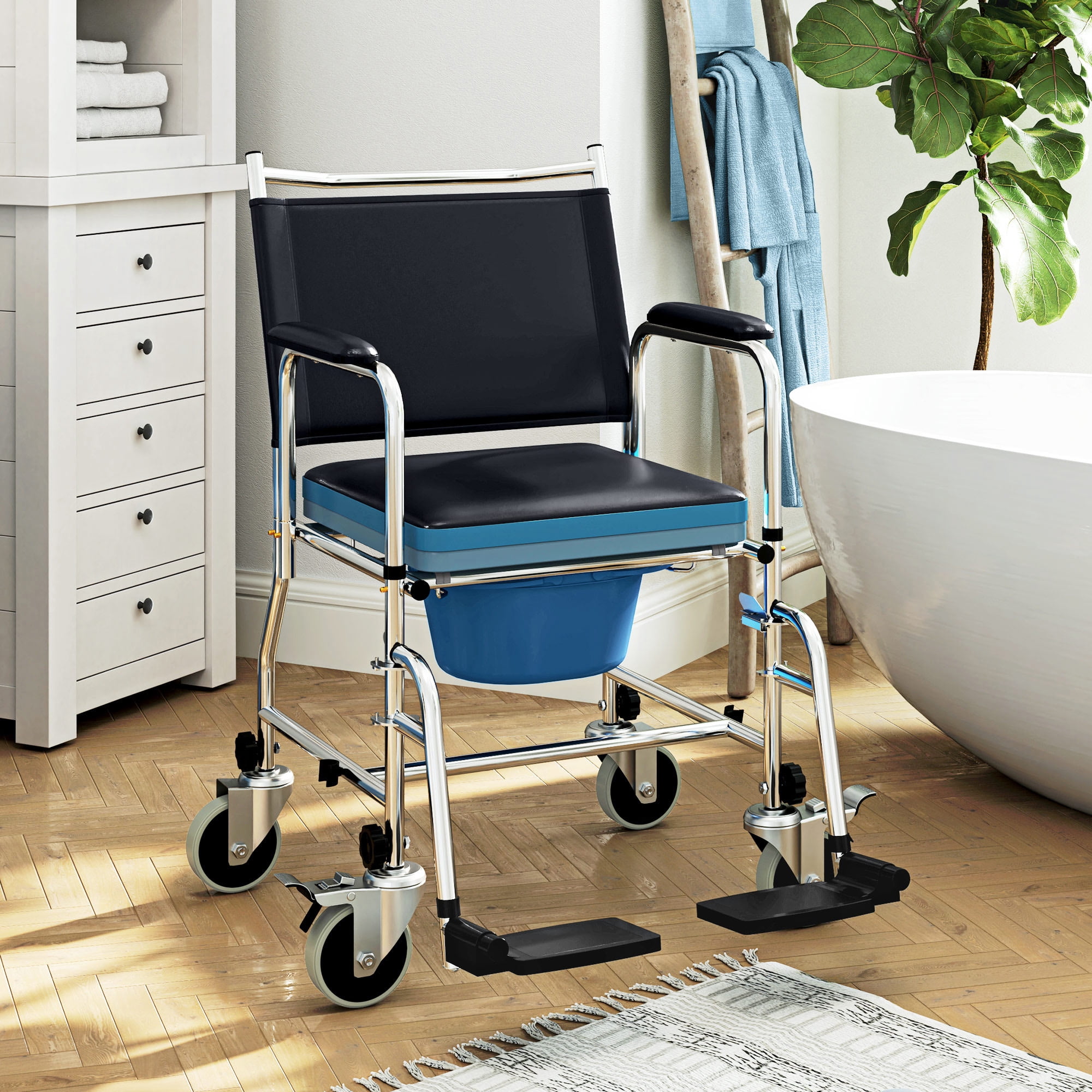 HOMCOM Rolling Shower Wheelchair for Seniors, Bedside Commode Chair with Padded Seat, Backrest, for Handicap, Toilet Chair, 300 lbs, Black