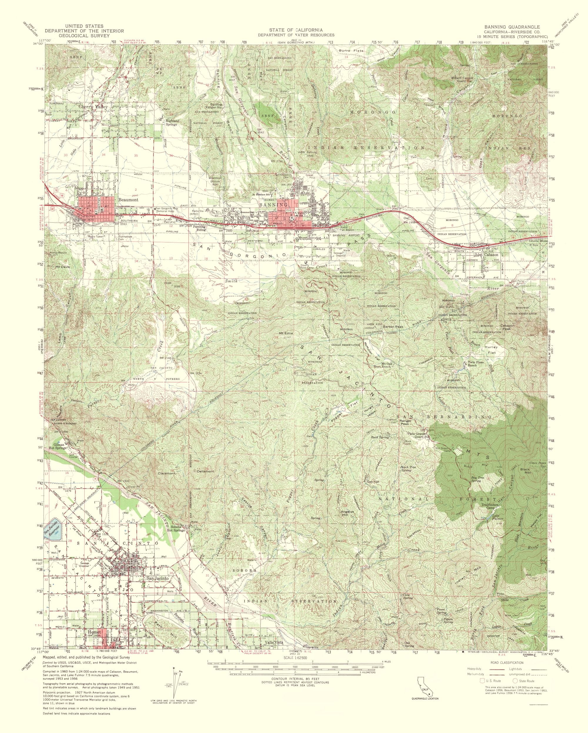 Topo Map Banning California Quad USGS 1964 23.00 x 28.65 Glossy Satin Paper