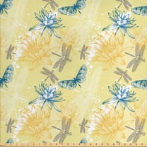 Ambesonne Dragonfly Fabric by the Yard Upholstery, Water Lilies, 10 Yards, Pale Yellow Blue