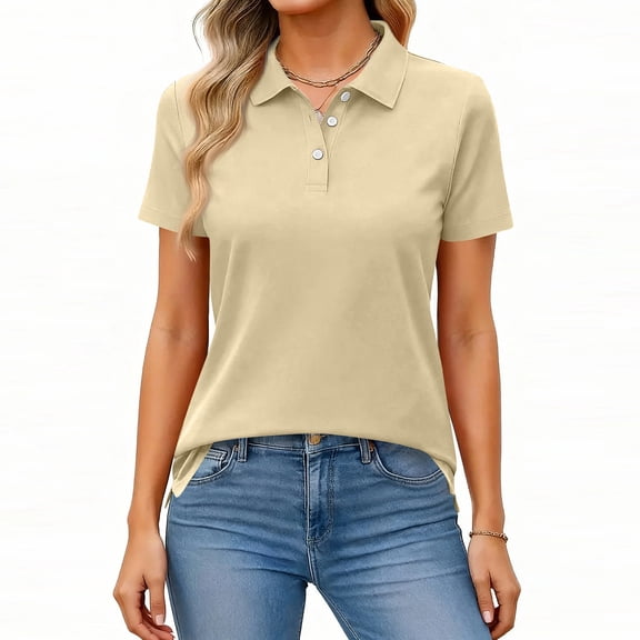 Stralyhd Polo Shirts for Women Short Sleeve 3 Button Collared Casual Summer Work Tops Khaki L