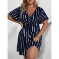 thumbnail image 5 of Women'S Plus Size Dress V Neck Short Sleeve Striped Smocked Waist A Line Short Summer Dress Navy Blue XXXL, 5 of 7