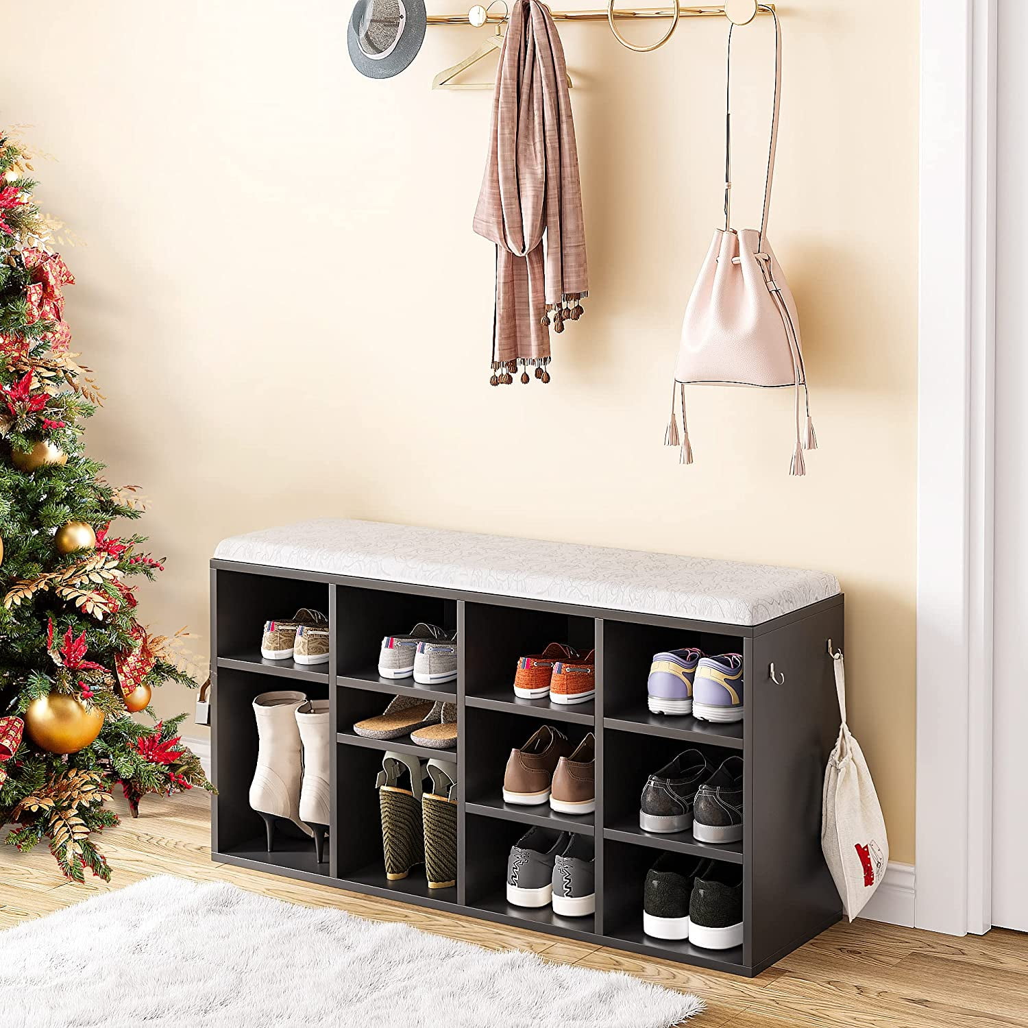 HNEBC Shoe Bench Entryway Large Storage Benches with Cushion 3Tier