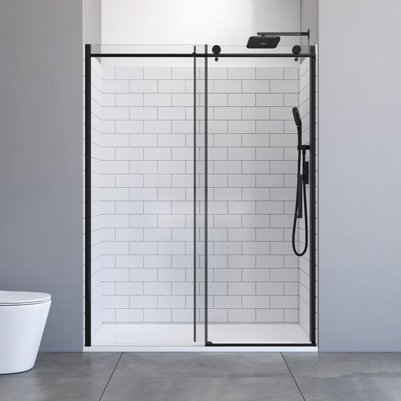 32" x 60" Alcove Shower Kit in Matte Black – 8 mm Sliding Glass Door, Grey Marble SMC Walls & Low‑Threshold Side‑Drain Base