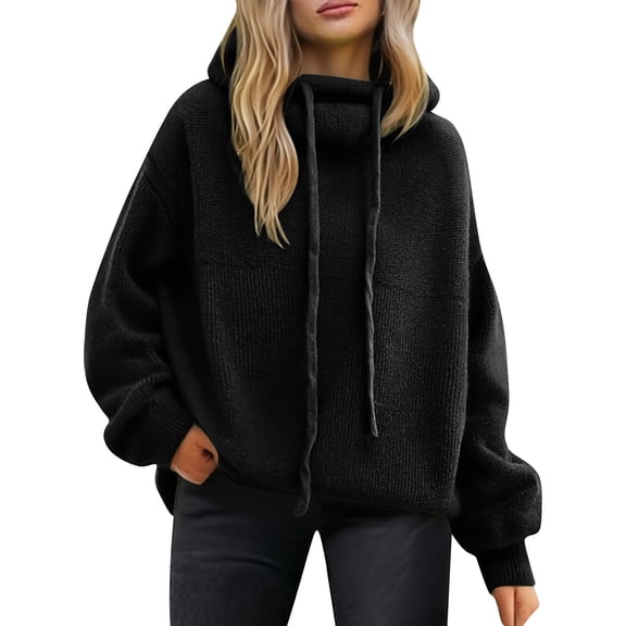 WTXUE Women's Turtleneck Oversized Sweaters Cowl Neck with Drawstring Loose Knit Jumper Thick Batwing Long Sleeve Pullover Warm Casual Tunic Sweater Black L