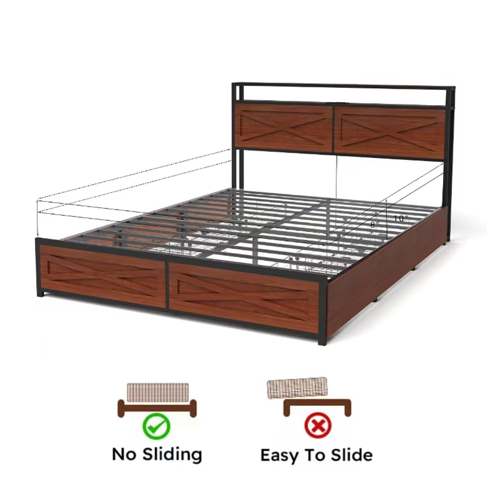 Miniyam Full Size Bed with Headboard Shelf, USB Charging Station, LED Lights, 6 Storage Drawers, Rustic Metal Frame for Adults Teens