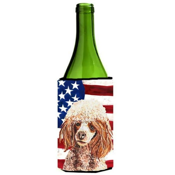 Red Miniature Poodle With American Flag Usa Wine bottle sleeve Hugger  24 Oz.