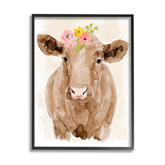 Delicate Blooms Cow Portrait Animals & Insects Graphic Art Black Framed Art Print Wall Art