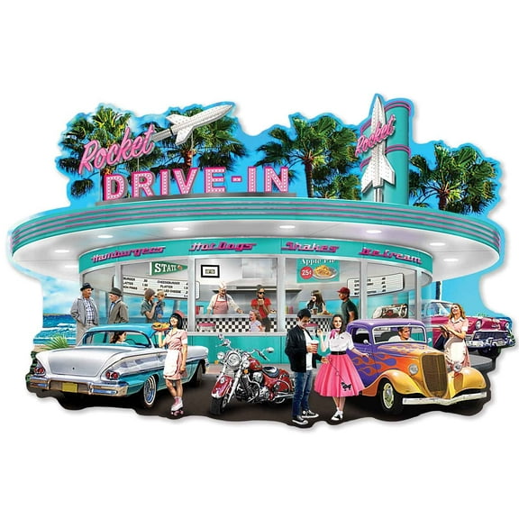 Bits and Pieces - 750 Piece Shaped Jigsaw Puzzle for Adults - 20" x 27" - 'Rocket Drive-in' - Classic Cars Retro Diner Jigsaw by Chris Dobrowolski