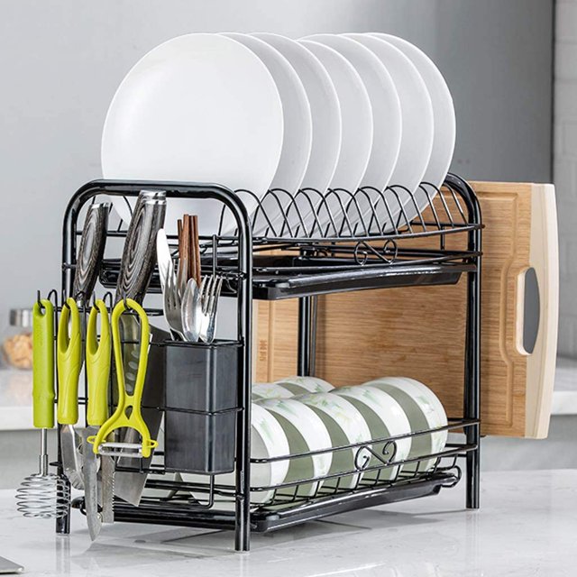 Dish Drainer Rack, 2 Tier Dish Drying Rack with Holder and Removable Tray, Large Capicity Plate Rack Drainer for Kitchen