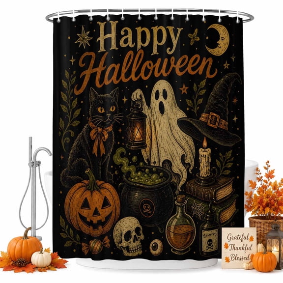 Happy Halloween Shower Curtain Set with Hooks, Vintage Fall Pumpkin Floating Ghost Black Cat Skull Sturdy Water Repellent Shower Curtains for Bathroom Bathtub, Machine Washable 72x78 Inch