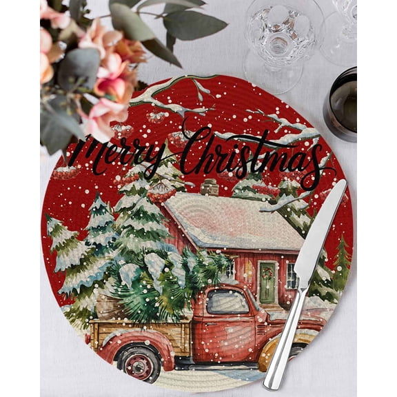 13 Inch Round Placemats Set of 6, Red Christmas Non Slip Heat Insulation PP Table Mats, Winter Vintage Farmhouse Xmas Tree Truck Washable Place Mats for Kitchen Dining Party Table Decor