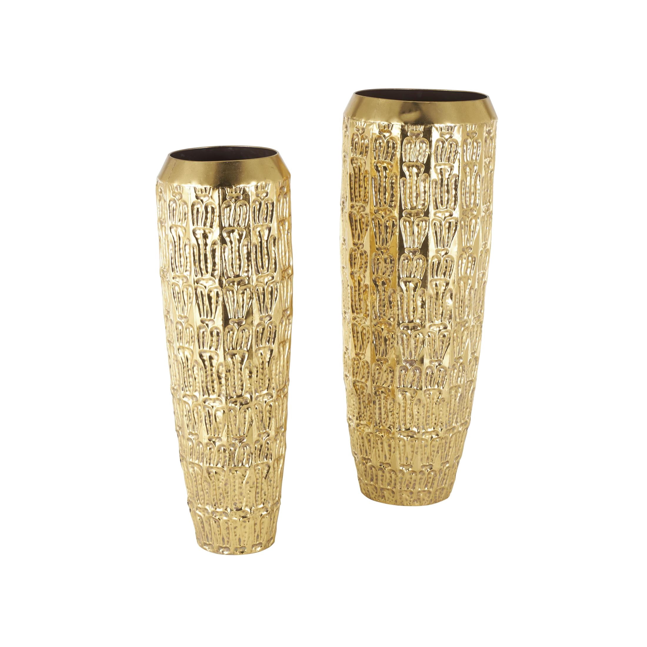 DecMode 41", 37"H Tall Gold Metal Vase with Grooved Patterns, Set of 2