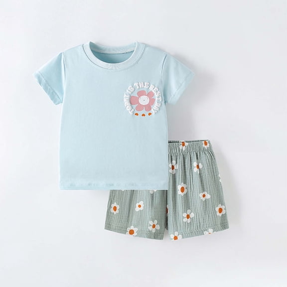 Baby Boy Outfits Kids Flower Letter Print Round Neck Short Sleeve and Shorts Set Boys' Clothing Sets Light Blue 5-6 Years