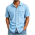 thumbnail image 2 of Ceisia Solid Linen Look Dual Chest Pocket Button Down Short Sleeve Shirts Vintage Casual Summer Mens Tops Light Blue XXL Gift, 2 of 9