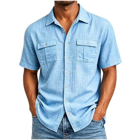 Tdoqot Mens Cotton Button Down Shirts with Pockets- Short Sleeve Lapel Casual Summer Beach Shirts Light Blue Size S-3XL