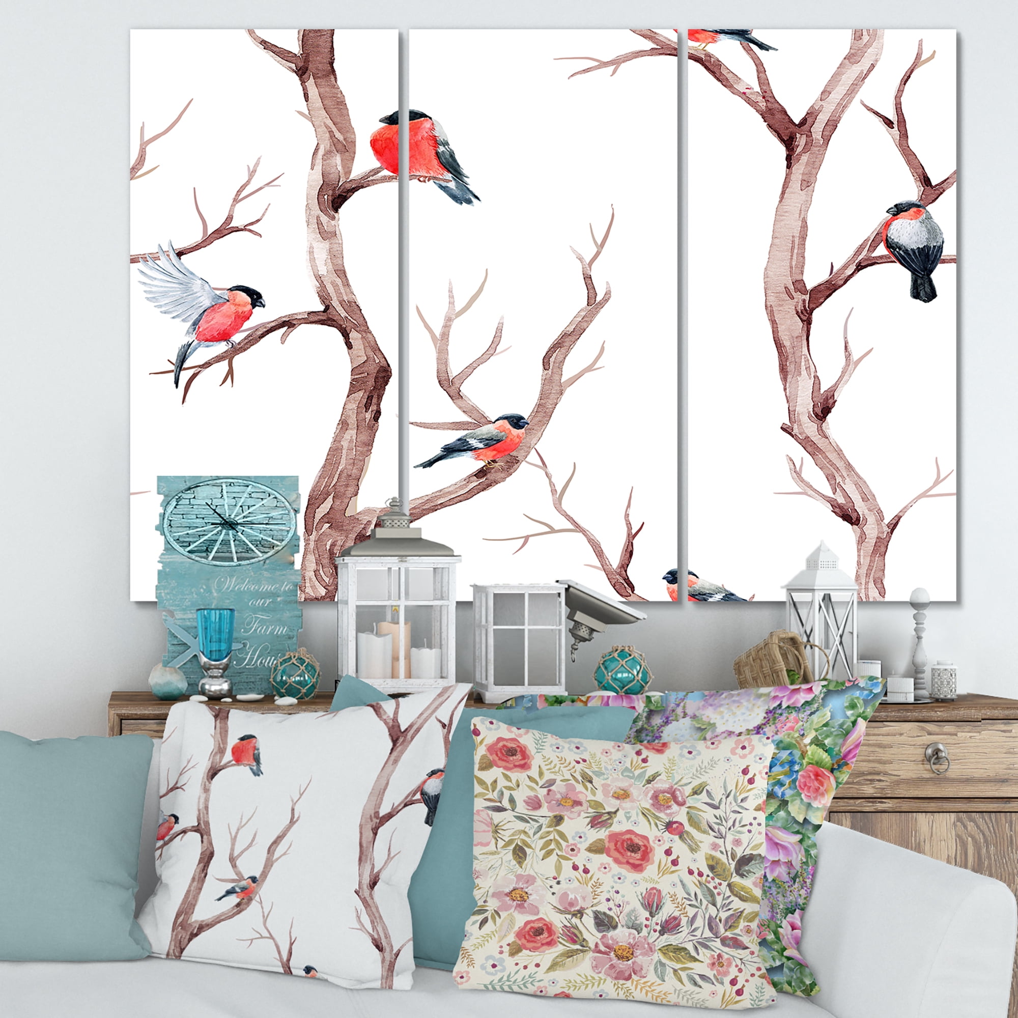 Designart ' Little Birds Sitting On The Tree Branches III ' Traditional Canvas Wall Art Print