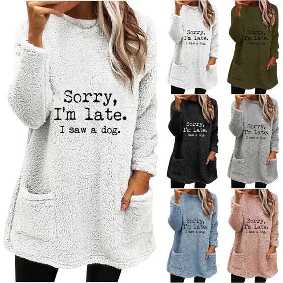 lcziwo Womens Sherpa Pullover Fuzzy Fleece Sweatshirts Oversized Letter Graphic Crewneck Tunic Sweatshirt Loose Comfy Loungewear Tops with Pockets Sales of the Day Army Green S
