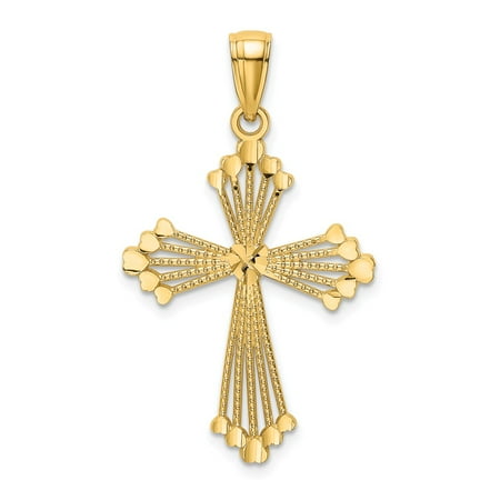 Center Cut Out Heart - 14k Yellow Solid Gold Diamond Cut & Cut-Out Stripes Heart in Center Cross Charm