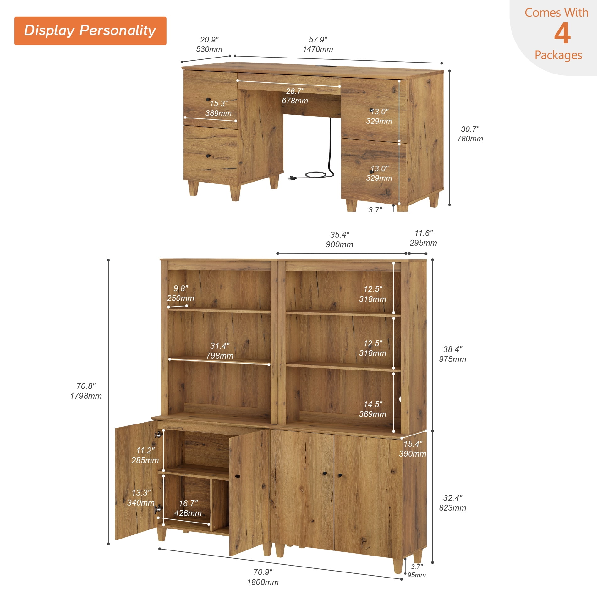 WAMPAT Home Office Furniture Set, 58" Executive Desk with Charging Station and Drawers, 2-Column 71" Tall Bookcase with Doors and Adjustable Shelves for Living Room, Dark Brown Wood