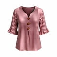 thumbnail image 4 of Hfnxid Women 3/4 Sleeve Shirts Loose Fit Ruffle Shirt Striped Button V Neck Blouses Solid Color Fall Clothes Red XXL, 4 of 6