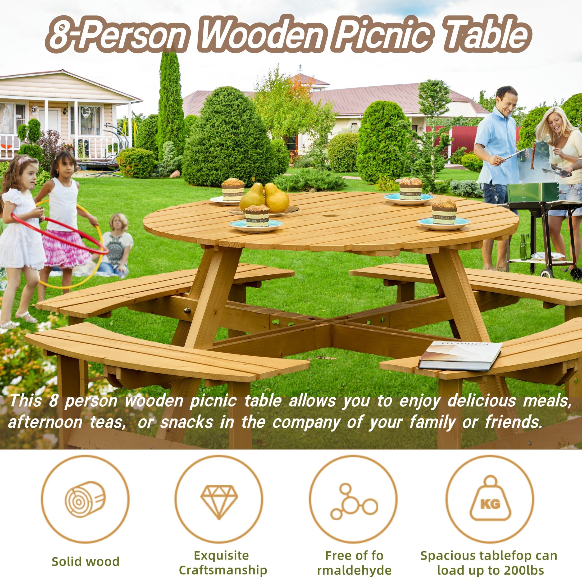 DEALTOPS 8 Person Wood Picnic Table with 4 Built-in Benches, Outdoor Round Table and Bench Set with Umbrella Hole for Park, Natural Wood
