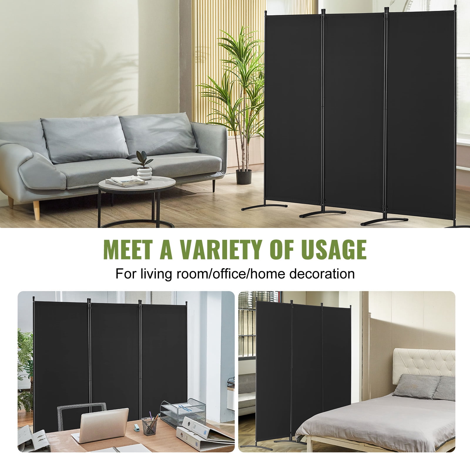 VEVOR Room Divider, 3 Panel Room Dividers and Folding Privacy Screens, Fabric Partition Room Dividers for Office, Bedroom, Dining Room, Study, Freestanding, Black