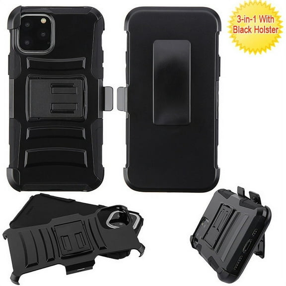 Apple iPhone 11 PRO Phone Case Hybrid Impact Armor Rugged Rubber TPU Hard Protective Cover with Rotating Belt Clip Holster & Kickstand Shock Absorption Cushion Covers BLACK for Apple iPhone 11 Pro