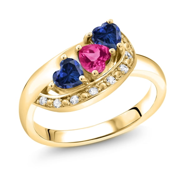 Gem Stone King 18K Yellow Gold Plated Silver Pink Blue and White Created Sapphire Engagement Ring for Women (1.56 Cttw, Gemstone September Birthstone, Heart Shape 4MM, Size 5)