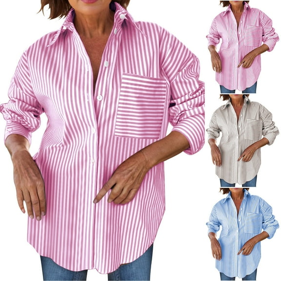Olyvenn Women's Button Down Striped Shirts Oversized Long Sleeve Blouse Dressy Collared Boyfriend Tunic Tops Khaki XXL