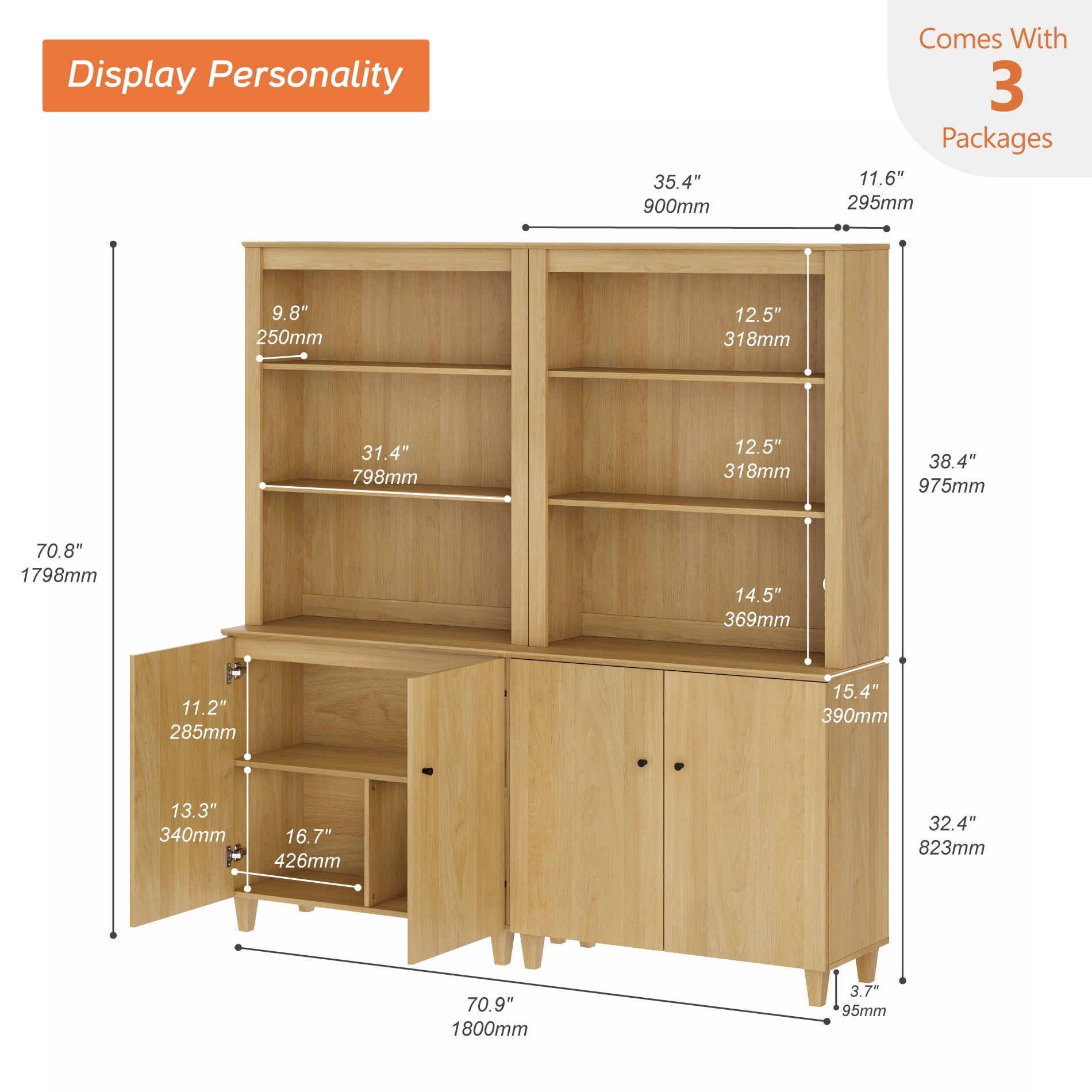 Modern 71" Tall Bookcase with Cabinets, 2 Column 5 Tiers for Home Office,Oak Wood