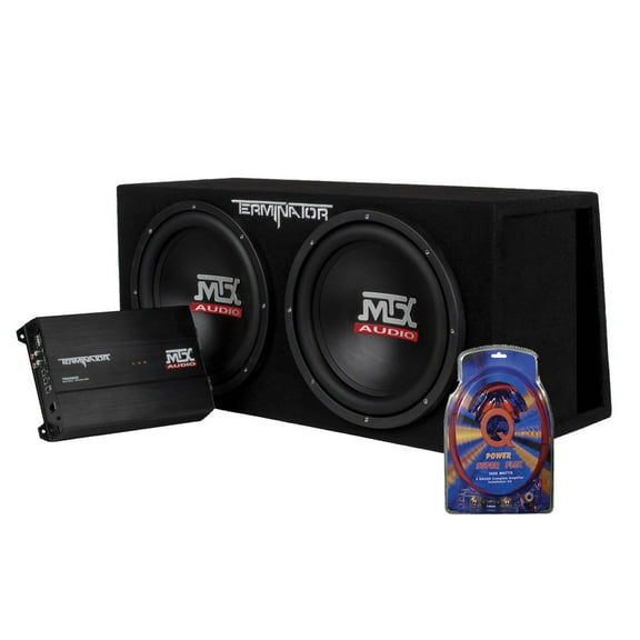 MTX 12" Subwoofer Enclosure & Amplifier w/ QPower Super Flex Wiring Amp Kit