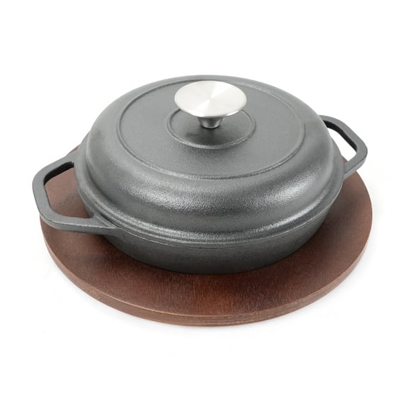 HAWOK Cast Iron Stock Pot with Lid and Wooden Base, Dia 7.9", 0.95QT, Shallow Casserole Braiser, 3-Piece, Black