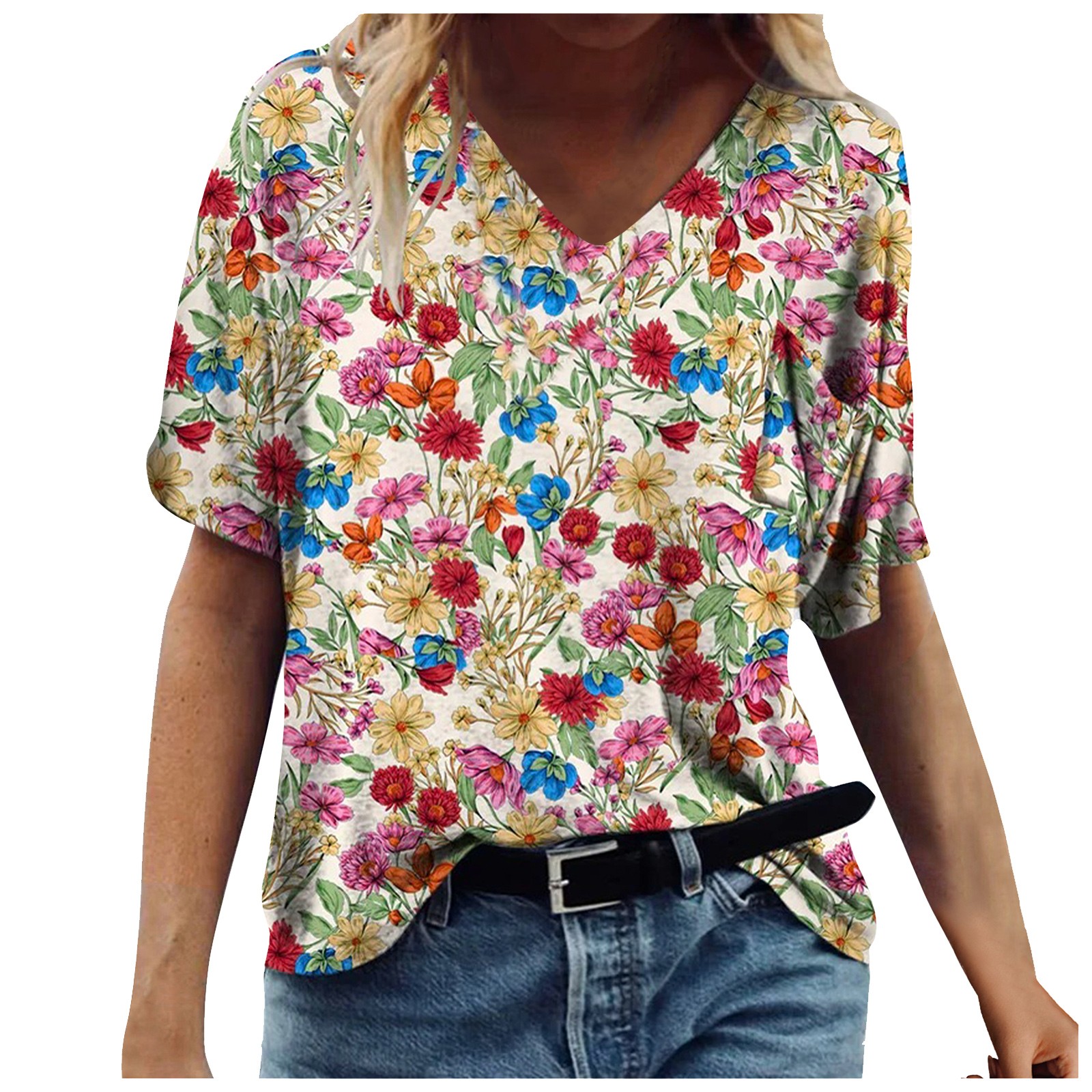 Short Sleeve Cute Shirts for Women V Neck Loose Pullover Comfy Soft Blouses Summer Casual Print Side Split Tops Blouses