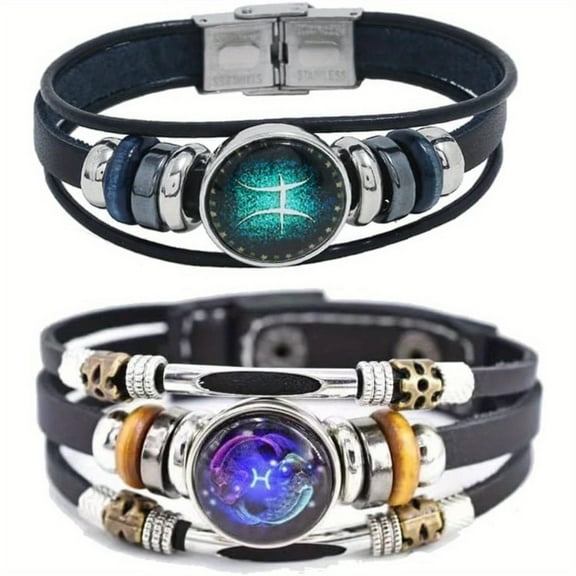Zodiac Signs Spirit Bracelet for Women, 2Pcs/Set Multilayer Adjustable Twelve 12 Constellation Leather Handmade Woven Wrap Wristband Men Lover Gifts Jewelry