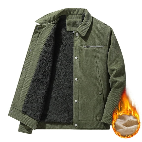 Wrtxtat Sherpa Lined Lapel Jacket for Men Winter Thermal Cotton Lined Button down Shacket Full Zip Long Sleeves Windproof Coat Big and Tall Green XXL