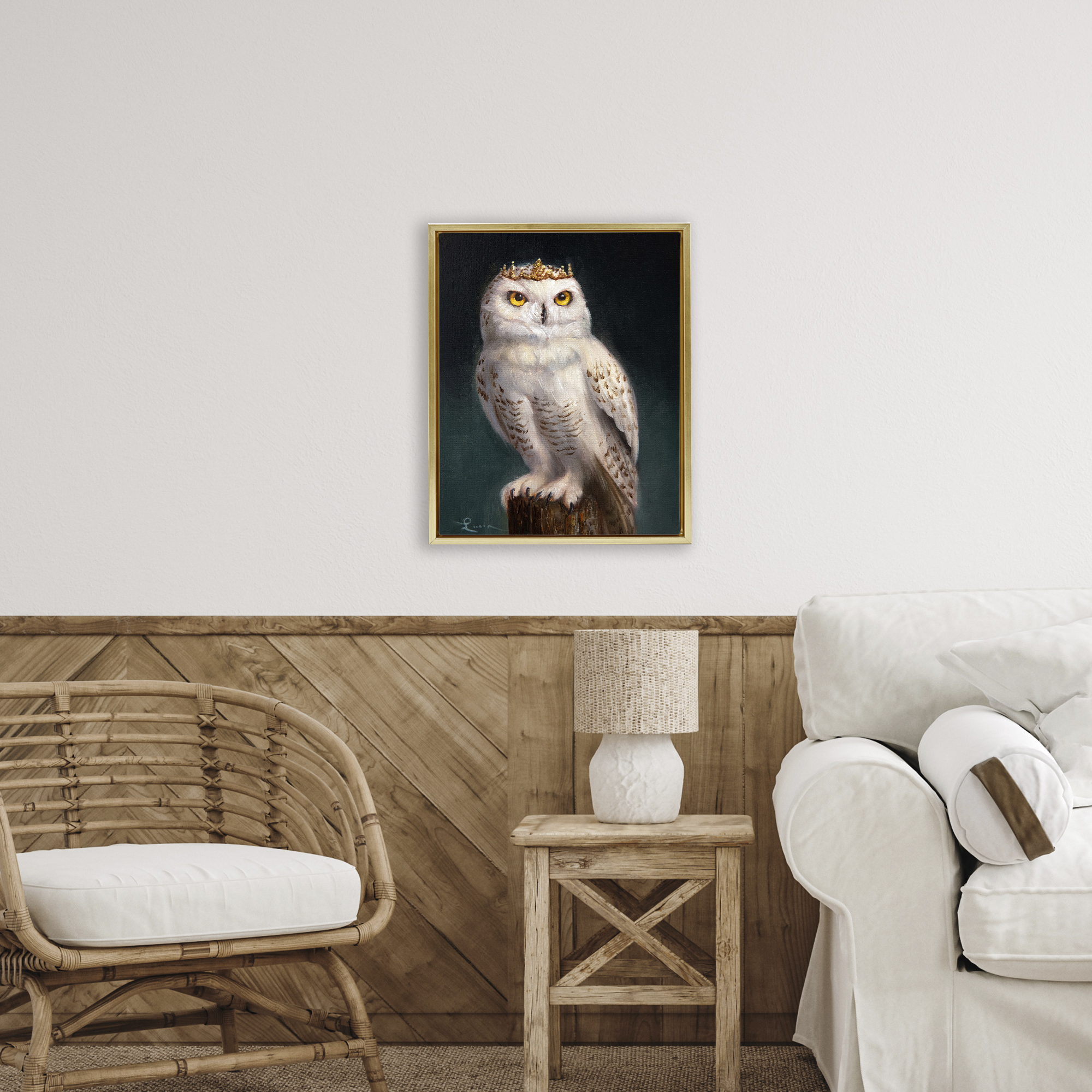 Snowy Owl King Gold Framed Floater Canvas Wall Art, design by Lucia Heffernan