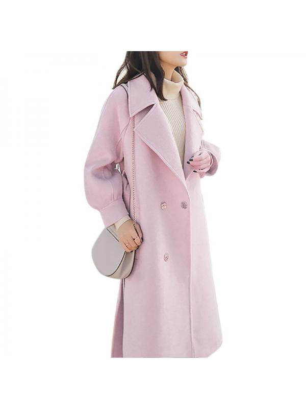 Rambling Womens Winter Lapel Wool Coat Double-Breasted Outerwear Winter Warm Trench Jacket with Belt