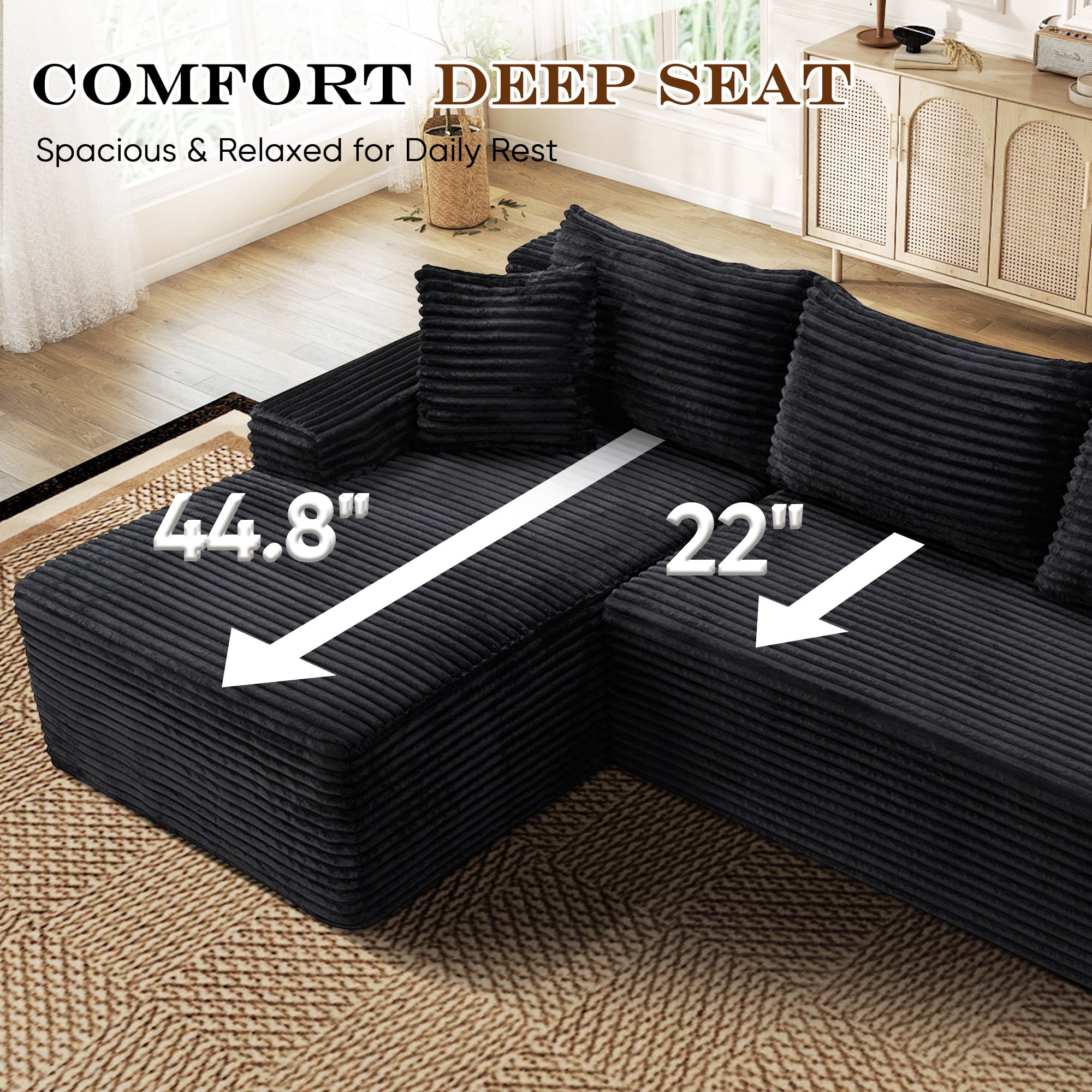 Lunale Small Modular Sectional Sofa with Movable Chaise, L-Shaped Boneless Cloud Couch for Living Room, Black (Left Facing Chaise)