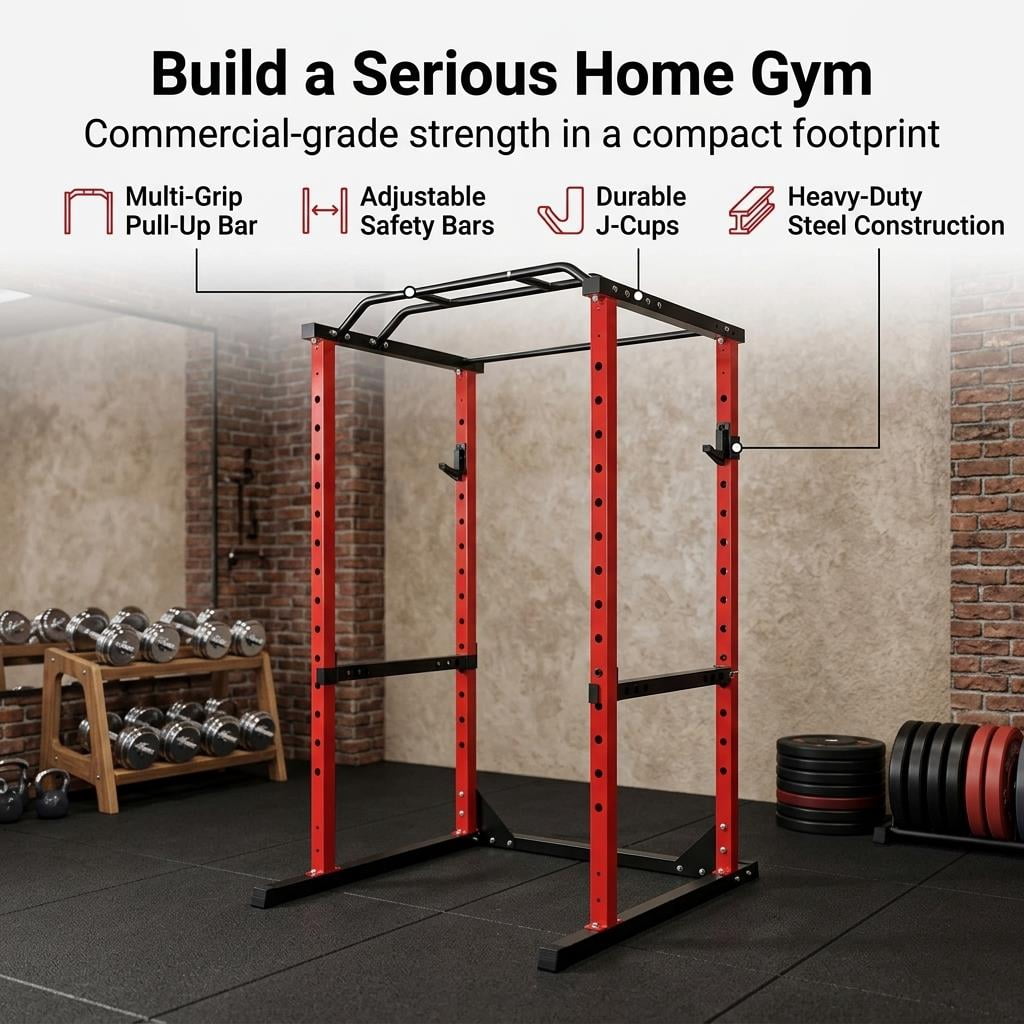 Tanfengu 1200LBSAdjustable Power Cage Squat Rack, 14-Level Height Power Rack with Safety Bars, for Home Gym Bench Press & Strength Training