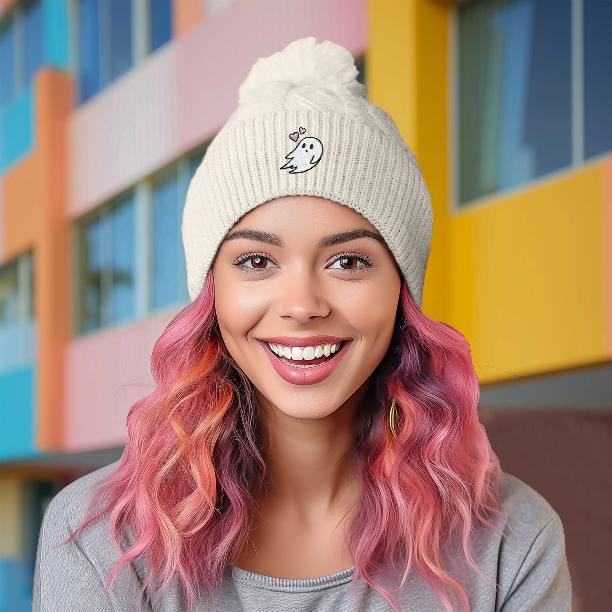 Dalix Heartly Ghost Cable Knit Pom Beanie Soft Stretch Skully Warm Fuzzy Faux Sherpa Winter Ski Beanie in Cream White