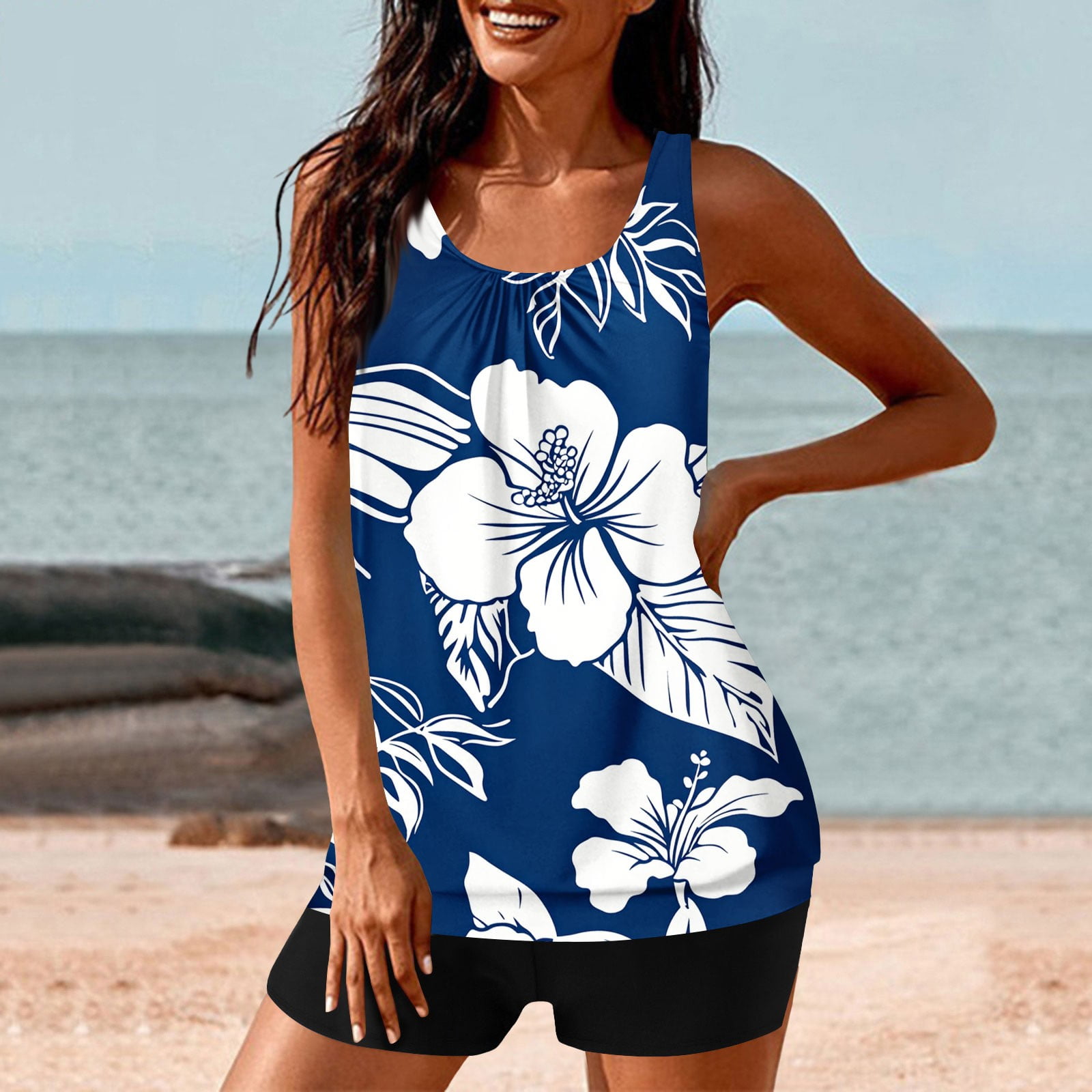 Jsaierl Women's Two Piece Tankini Bathing Suits Blouson Swim Tops Summer Print Swimwear Conservative Cute Modest Beachwear with Swim Shorts Tankini Swimsuits