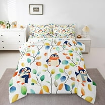 Erosebridal Cute Penguin Twin Bedding Sets Hippie Floral Comforter Set, Chic Flower Bedding Comforter Sets Watercolor Leaves Duvet Insert, Antarctic Wildlife Down Comforter