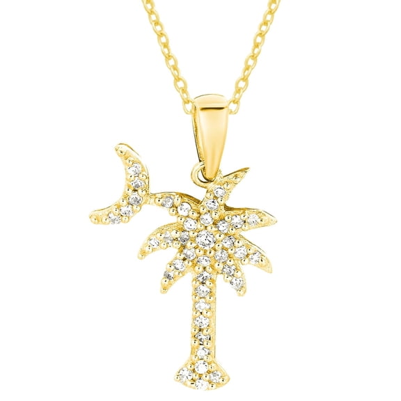 Sterling Silver Gold-Plated Palmetto Moon Tree Pendant Necklace with Cubic Zirconia, 20-Inch Chain