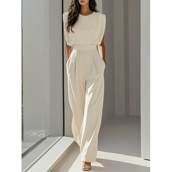 ZOELNIC Womens Pleated Jumpsuits Short Sleeve Crew Neck Dressy Casual Wide Leg Pants Romper 2025 Summer One Piece Outfits, S