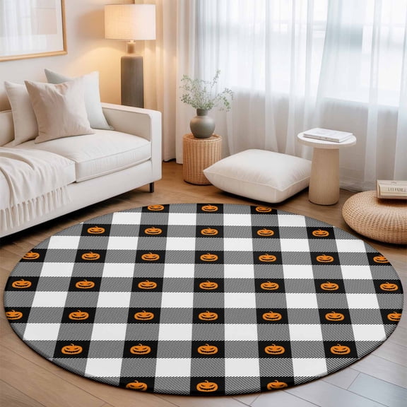 Halloween Orange Round Living Room Rugs 8 ft, Pumpkins in Retro Black and White Plaid Washable Large Area Rug with Non-Slip Sturdy Edge Binding Round Carpet for Dining Room Kitchen Office