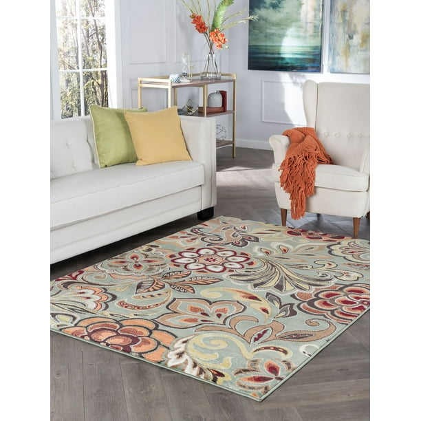 Contemporary 5x8 Area Rug (5'3'' x 7'3'') Abstract Seafoam, Red Living
