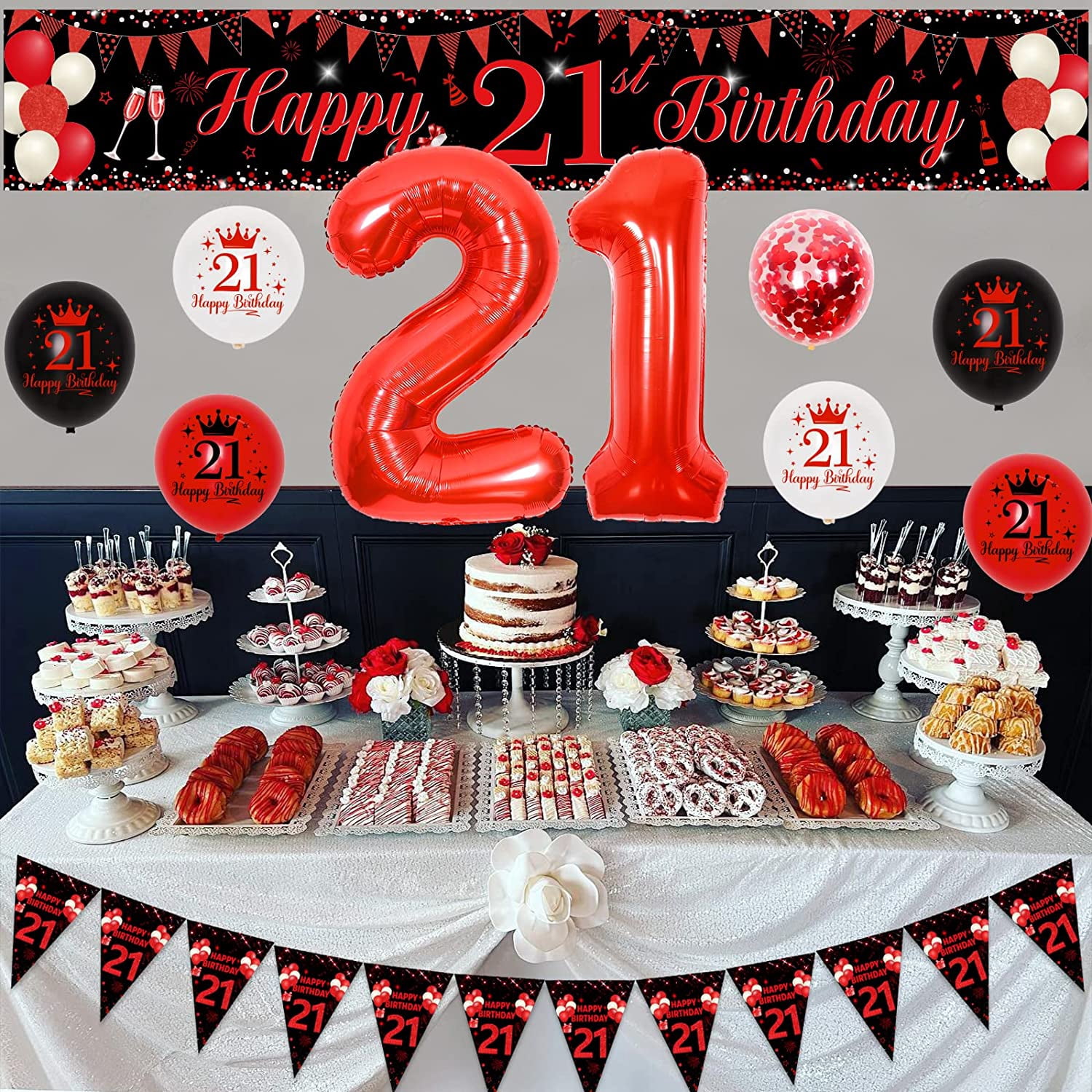 Red and Black 21st Birthday Decorations for Boys Girls, 21 Birthday Party Supplies with Happy 21st Birthday Yard Banner 9.8 x 1.6ft Confetti Foil Balloons Triangle Flag for 21st Birthday Party Decor