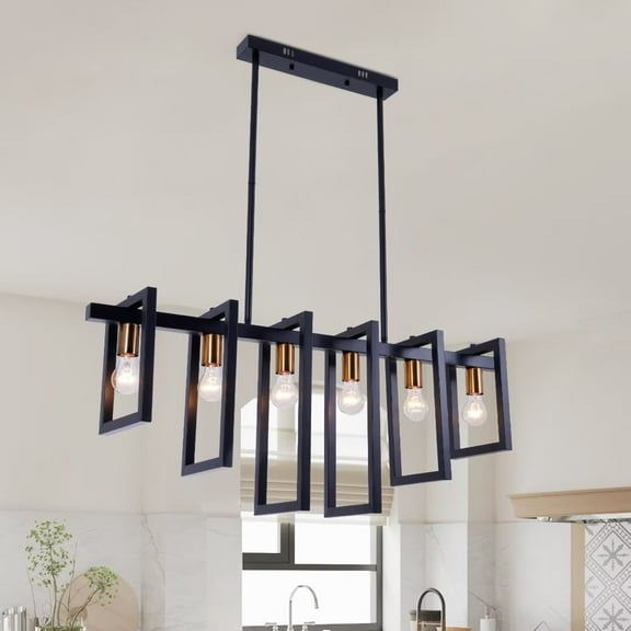 AFANQI Black geometric 6-head iron chandelier, modern living room square chandelier