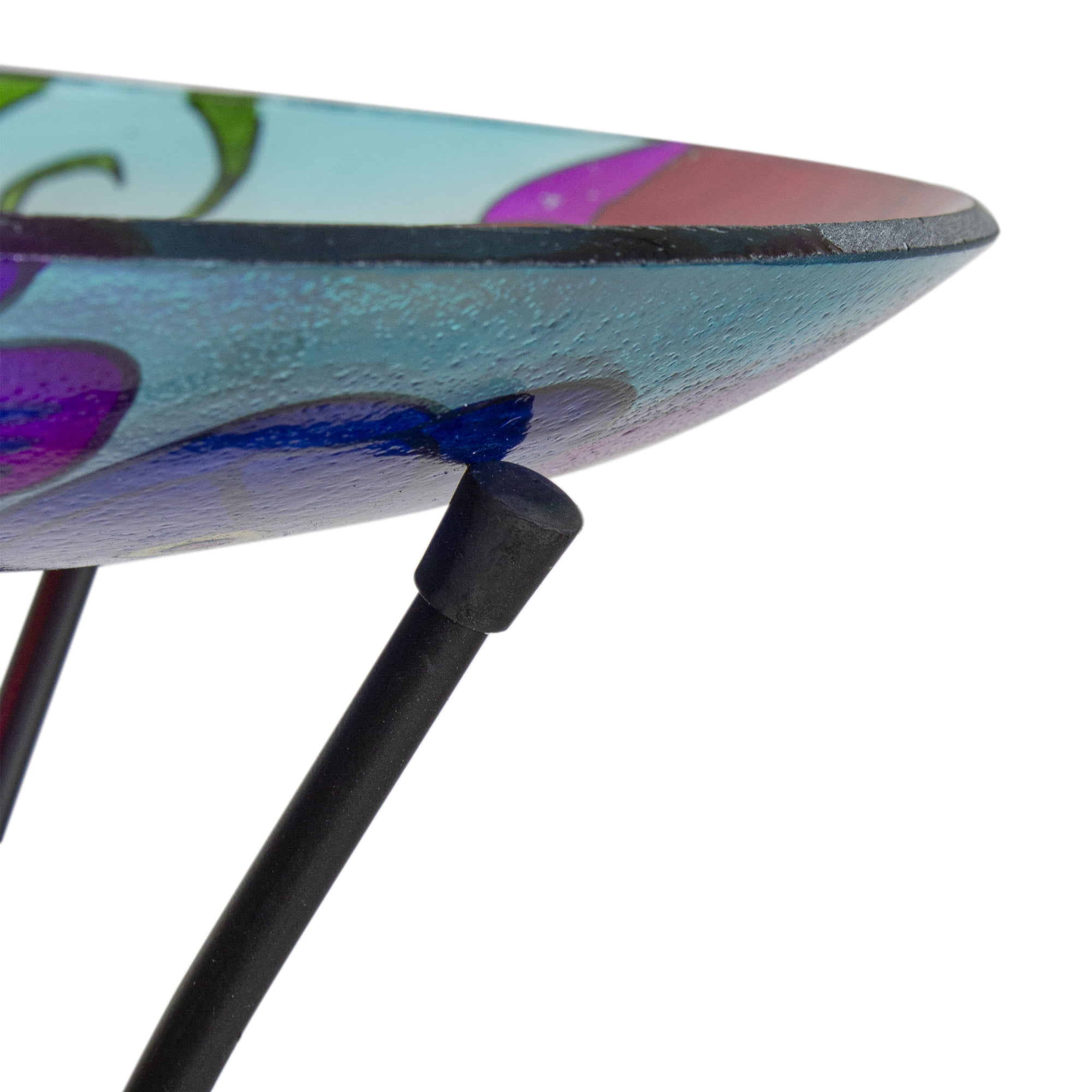 Northlight Portable Freestanding Glass Bird Bath Basin with Black Collapsible Metal Stand, Floral and Garden Style
